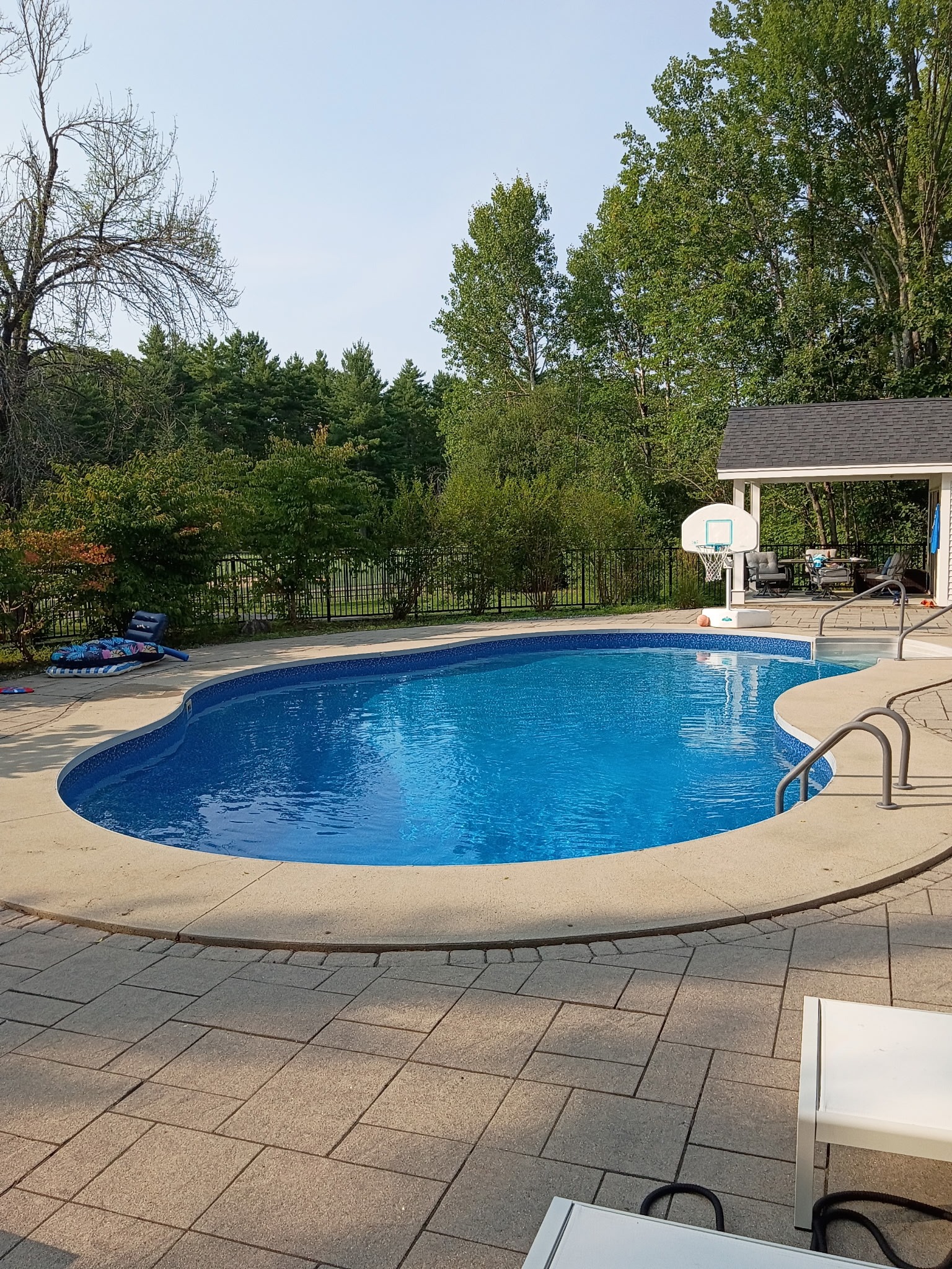 Garden pool surrounded by trees and stone decking